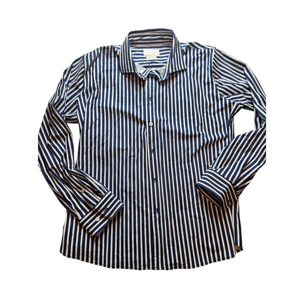 Porter & Ash Kinetic Stretch Shirt Mens XL Navy Blue White Striped Button Down